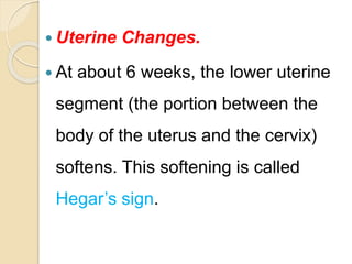  Uterine Changes.
 At about 6 weeks, the lower uterine
segment (the portion between the
body of the uterus and the cervix)
softens. This softening is called
Hegar’s sign.
 