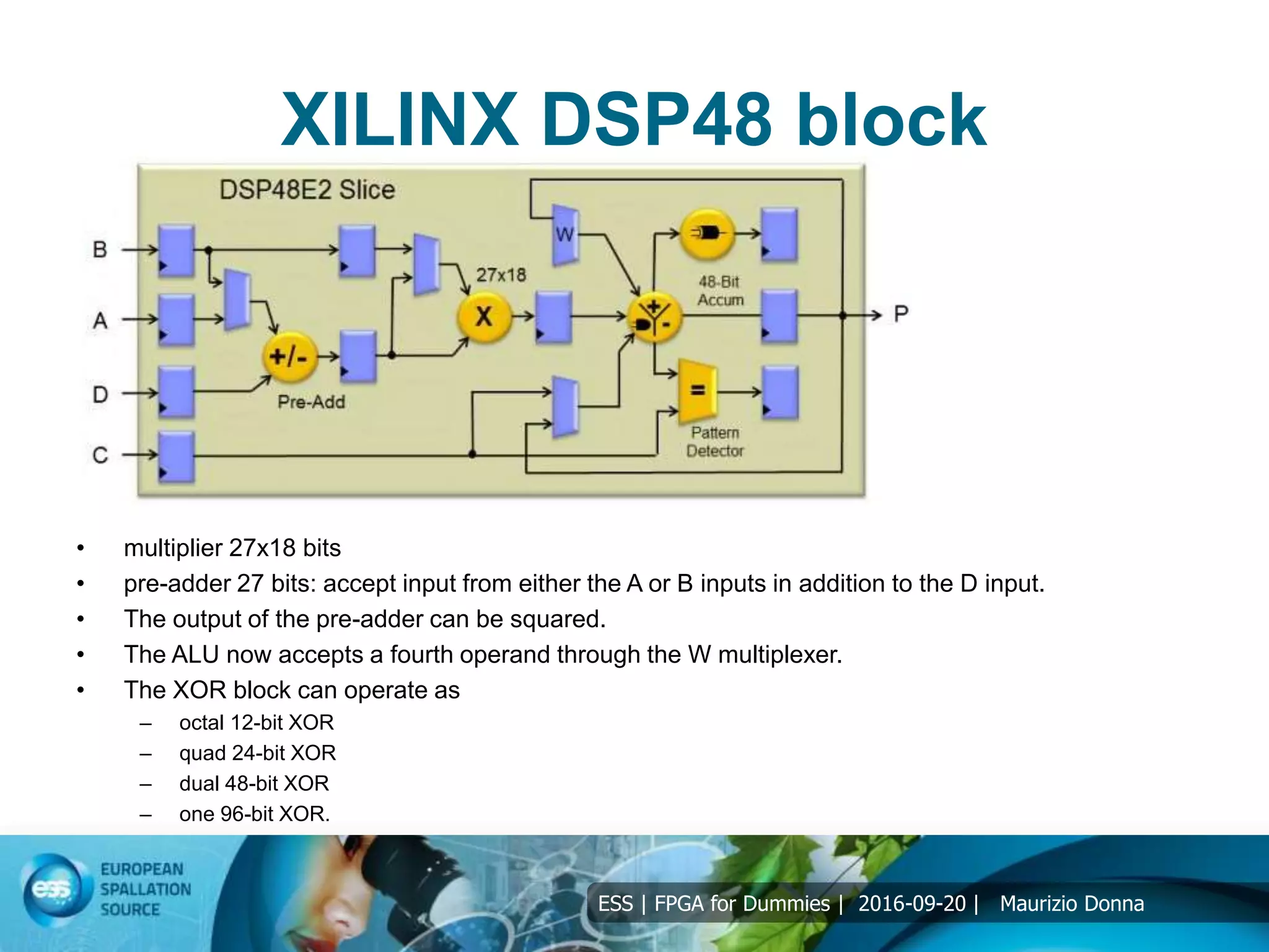 ESS | FPGA for Dummies | 2016-09-20 | Maurizio Donna
XILINX DSP48 block
• multiplier 27x18 bits
• pre-adder 27 bits: accept input from either the A or B inputs in addition to the D input.
• The output of the pre-adder can be squared.
• The ALU now accepts a fourth operand through the W multiplexer.
• The XOR block can operate as
– octal 12-bit XOR
– quad 24-bit XOR
– dual 48-bit XOR
– one 96-bit XOR.
 