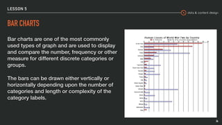 data & content design
LESSON 5
BAR CHARTS
Bar charts are one of the most commonly
used types of graph and are used to display
and compare the number, frequency or other
measure for different discrete categories or
groups.
The bars can be drawn either vertically or
horizontally depending upon the number of
categories and length or complexity of the
category labels.
34
 
