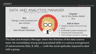 data & content design
LESSON 5
52
The Data and Analytics Manager steers the direction of the data science
team. He consolidates strong and specialized skills in a various arrangement
of advancements (SQL, R, SAS, … ) with the social aptitudes required to deal
with a group.
 