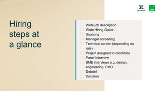Write job description
Write Hiring Guide
Sourcing
Manager screening
Technical screen (depending on
role)
Project assigned ...