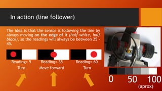 In action (line follower)
The idea is that the sensor is following the line by
always moving on the edge of it (half white, half
black), so the readings will always be between 25 -
45.
Reading= 5 Reading= 35 Reading= 60
Turn Move forward Turn
0 50 100
(aprox)
 