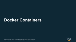 © 2019, Amazon Web Services, Inc. or its Affiliates. All rights reserved. Amazon Confidential
Docker Containers
 