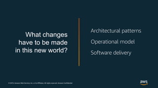 © 2019, Amazon Web Services, Inc. or its Affiliates. All rights reserved. Amazon Confidential
What changes
have to be made
in this new world?
Architectural patterns
Operational model
Software delivery
 