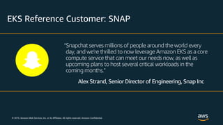 © 2019, Amazon Web Services, Inc. or its Affiliates. All rights reserved. Amazon Confidential
EKS Reference Customer: SNAP
“Snapchat serves millions of people around the world every
day, and we're thrilled to now leverage Amazon EKS as a core
compute service that can meet our needs now, as well as
upcoming plans to host several critical workloads in the
coming months.”
Alex Strand, Senior Director of Engineering, Snap Inc
 
