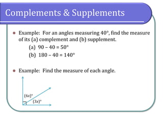 Complements & Supplements
⚫ Example: For an angles measuring 40°, find the measure
of its (a) complement and (b) supplement.
(a) 90 – 40 = 50°
(b) 180 – 40 = 140°
⚫ Example: Find the measure of each angle.
(3x)°
(6x)°
 
