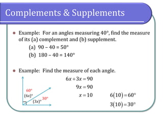 Complements & Supplements
⚫ Example: For an angles measuring 40°, find the measure
of its (a) complement and (b) supplement.
(a) 90 – 40 = 50°
(b) 180 – 40 = 140°
⚫ Example: Find the measure of each angle.
(3x)°
(6x)°
6 3 90
9 90
10
x x
x
x
+ =
=
= ( )
( )
6 10 60
3 10 30
= 
= 
60°
30°
 