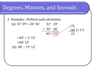 Degrees, Minutes, and Seconds
⚫ Examples: Perform each calculation.
(a) 51° 29′ + 32° 46′
= 83° + 1° 15′
= 84° 15′
(b) 90° – 73° 12′
51° 29′
+ 32° 46′
83° 75′
75
– 60 (= 1°)
15
 