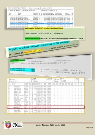Vente Tournai-Kain Janvier 2020
Page 2/3
NARBONNE du 24/07/10 Union TOURNAI Vieux
Lâcher: le samedi 24/07/10 à 06 h 50 170 Pigeons
36 BELURIER RUDY WIERS 1 1 9114038.04 08h09m26 8194862 08h35m04
 
