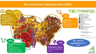 Des productions régionales diversifiées
3400
Exploitations
bovins lait
Décapitalisation du
cheptel laitier
Exploitations
g...