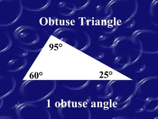 Obtuse Triangle
1 obtuse angle
95°
25°60°