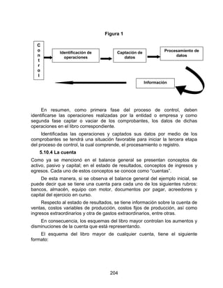 204
Figura 1
En resumen, como primera fase del proceso de control, deben
identificarse las operaciones realizadas por la entidad o empresa y como
segunda fase captar o vaciar de los comprobantes, los datos de dichas
operaciones en el libro correspondiente.
Identificadas las operaciones y captados sus datos por medio de los
comprobantes se tendrá una situación favorable para iniciar la tercera etapa
del proceso de control, la cual comprende, el procesamiento o registro.
5.10.4 La cuenta
Como ya se mencionó en el balance general se presentan conceptos de
activo, pasivo y capital; en el estado de resultados, conceptos de ingresos y
egresos. Cada uno de estos conceptos se conoce como “cuentas”.
De esta manera, si se observa el balance general del ejemplo inicial, se
puede decir que se tiene una cuenta para cada uno de los siguientes rubros:
bancos, almacén, equipo con motor, documentos por pagar, acreedores y
capital del ejercicio en curso.
Respecto al estado de resultados, se tiene información sobre la cuenta de
ventas, costos variables de producción, costos fijos de producción, así como
ingresos extraordinarios y otra de gastos extraordinarios, entre otras.
En consecuencia, los esquemas del libro mayor controlan los aumentos y
disminuciones de la cuenta que está representando.
El esquema del libro mayor de cualquier cuenta, tiene el siguiente
formato:
C
o
n
t
r
o
l
Identificación de
operaciones
Captación de
datos
Procesamiento de
datos
Información
 