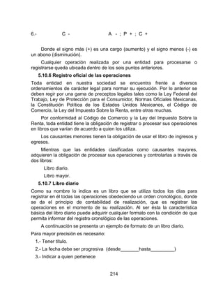214
6.- C - A - ; P + ; C +
Donde el signo más (+) es una cargo (aumento) y el signo menos (-) es
un abono (disminución).
Cualquier operación realizada por una entidad para procesarse o
registrarse queda ubicada dentro de los seis puntos anteriores.
5.10.6 Registro oficial de las operaciones
Toda entidad en nuestra sociedad se encuentra frente a diversos
ordenamientos de carácter legal para normar su ejecución. Por lo anterior se
deben regir por una gama de preceptos legales tales como la Ley Federal del
Trabajo, Ley de Protección para el Consumidor, Normas Oficiales Mexicanas,
la Constitución Política de los Estados Unidos Mexicanos, el Código de
Comercio, la Ley del Impuesto Sobre la Renta, entre otras muchas.
Por conformidad al Código de Comercio y la Ley del Impuesto Sobre la
Renta, toda entidad tiene la obligación de registrar o procesar sus operaciones
en libros que varían de acuerdo a quien los utiliza.
Los causantes menores tienen la obligación de usar el libro de ingresos y
egresos.
Mientras que las entidades clasificadas como causantes mayores,
adquieren la obligación de procesar sus operaciones y controlarlas a través de
dos libros:
Libro diario.
Libro mayor.
5.10.7 Libro diario
Como su nombre lo indica es un libro que se utiliza todos los días para
registrar en él todas las operaciones obedeciendo un orden cronológico, donde
se da el principio de contabilidad de realización, que es registrar las
operaciones en el momento de su realización. Al ser ésta la característica
básica del libro diario puede adquirir cualquier formato con la condición de que
permita informar del registro cronológico de las operaciones.
A continuación se presenta un ejemplo de formato de un libro diario.
Para mayor precisión es necesario:
1.- Tener título.
2.- La fecha debe ser progresiva (desde_______hasta_________)
3.- Indicar a quien pertenece
 