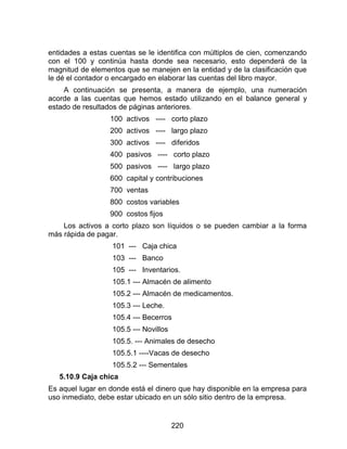220
entidades a estas cuentas se le identifica con múltiplos de cien, comenzando
con el 100 y continúa hasta donde sea necesario, esto dependerá de la
magnitud de elementos que se manejen en la entidad y de la clasificación que
le dé el contador o encargado en elaborar las cuentas del libro mayor.
A continuación se presenta, a manera de ejemplo, una numeración
acorde a las cuentas que hemos estado utilizando en el balance general y
estado de resultados de páginas anteriores.
100 activos ---- corto plazo
200 activos ---- largo plazo
300 activos ---- diferidos
400 pasivos ---- corto plazo
500 pasivos ---- largo plazo
600 capital y contribuciones
700 ventas
800 costos variables
900 costos fijos
Los activos a corto plazo son líquidos o se pueden cambiar a la forma
más rápida de pagar.
101 --- Caja chica
103 --- Banco
105 --- Inventarios.
105.1 --- Almacén de alimento
105.2 --- Almacén de medicamentos.
105.3 --- Leche.
105.4 --- Becerros
105.5 --- Novillos
105.5. --- Animales de desecho
105.5.1 ----Vacas de desecho
105.5.2 --- Sementales
5.10.9 Caja chica
Es aquel lugar en donde está el dinero que hay disponible en la empresa para
uso inmediato, debe estar ubicado en un sólo sitio dentro de la empresa.
 