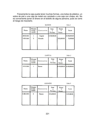 221
Físicamente la caja puede tener muchas formas, una bolsa de plástico, un
sobre de piel o una caja de metal con candado o una caja con chapa, etc. No
es conveniente poner el dinero en el bolsillo de alguna persona, pues se corre
el riesgo de mezclarlo.
 