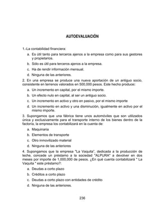 236
AUTOEVALUACIÓN
1.-La contabilidad financiera:
a. Es útil tanto para terceros ajenos a la empresa como para sus gestores
y propietarios.
b. Sólo es útil para terceros ajenos a la empresa.
c. Ha de rendir información mensual.
d. Ninguna de las anteriores.
2. En una empresa se produce una nueva aportación de un antiguo socio,
consistente en terrenos valorados en 500,000 pesos. Este hecho produce:
a. Un incremento en capital, por el mismo importe.
b. Un efecto nulo en capital, al ser un antiguo socio.
c. Un incremento en activo y otro en pasivo, por el mismo importe
d. Un incremento en activo y una disminución, igualmente en activo por el
mismo importe.
3. Supongamos que una fábrica tiene unos automóviles que son utilizados
única y exclusivamente para el transporte interno de los bienes dentro de la
factoría, la empresa los contabilizará en la cuenta de:
a. Maquinaria
b. Elementos de transporte
c. Otro inmovilizado material
d. Ninguna de las anteriores
4. Supongamos que la empresa "La Vaquita”, dedicada a la producción de
leche, concede un préstamo a la sociedad "ALPURA" a devolver en dos
meses por importe de 1,000,000 de pesos. ¿En qué cuenta contabilizará " La
Vaquita " este préstamo?:
a. Deudas a corto plazo
b. Créditos a corto plazo
c. Deudas a corto plazo con entidades de crédito
d. Ninguna de las anteriores.
 