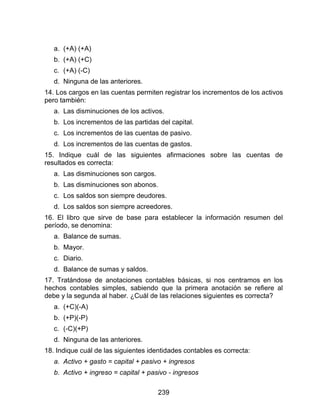 239
a. (+A) (+A)
b. (+A) (+C)
c. (+A) (-C)
d. Ninguna de las anteriores.
14. Los cargos en las cuentas permiten registrar los incrementos de los activos
pero también:
a. Las disminuciones de los activos.
b. Los incrementos de las partidas del capital.
c. Los incrementos de las cuentas de pasivo.
d. Los incrementos de las cuentas de gastos.
15. Indique cuál de las siguientes afirmaciones sobre las cuentas de
resultados es correcta:
a. Las disminuciones son cargos.
b. Las disminuciones son abonos.
c. Los saldos son siempre deudores.
d. Los saldos son siempre acreedores.
16. El libro que sirve de base para establecer la información resumen del
período, se denomina:
a. Balance de sumas.
b. Mayor.
c. Diario.
d. Balance de sumas y saldos.
17. Tratándose de anotaciones contables básicas, si nos centramos en los
hechos contables simples, sabiendo que la primera anotación se refiere al
debe y la segunda al haber. ¿Cuál de las relaciones siguientes es correcta?
a. (+C)(-A)
b. (+P)(-P)
c. (-C)(+P)
d. Ninguna de las anteriores.
18. Indique cuál de las siguientes identidades contables es correcta:
a. Activo + gasto = capital + pasivo + ingresos
b. Activo + ingreso = capital + pasivo - ingresos
 