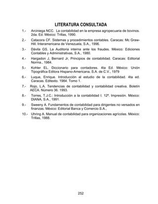 252
LITERATURA CONSULTADA
1.- Arciniega NCC. La contabilidad en la empresa agropecuaria de bovinos.
2da. Ed. México: Trillas, 1990.
2.- Catacora CF. Sistemas y procedimientos contables. Caracas: Mc Graw-
Hill. Interamericana de Venezuela, S.A., 1996.
3.- Dávila GS. La Auditoria interna ante los fraudes. México: Ediciones
Contables y Administrativas, S.A., 1980.
4.- Hargadon J, Bernard Jr, Principios de contabilidad. Caracas: Editorial
Norma., 1984.
5.- Kohler EL. Diccionario para contadores. 4ta Ed. México: Unión
Tipográfica Editora Hispano-Americana, S.A. de C.V., 1979
6.- Luque, Enrique. Introducción al estudio de la contabilidad. 4ta ed.
Caracas. Editexto. 1984. Tomo 1.
7.- Rojo, L.A. Tendencias de contabilidad y contabilidad creativa. Boletín
AECA. Número 36. 1993.
8.- Torres, T.J.C.: Introducción a la contabilidad I. 12ª. Impresión. México:
DIANA, S.A., 1991.
9.- Sweeny A. Fundamentos de contabilidad para dirigentes no versados en
finanzas. México: Editorial Banca y Comercio S.A.,
10.- Uhring A. Manual de contabilidad para organizaciones agrícolas. México:
Trillas, 1988.
 
