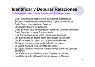 Identificar y Depurar Relaciones
Seleccionar verbos relacionales en los requisitos

1. Una Red bancaria está provista de C j
1 U R db            i   tá      i t d Cajeros automáticos.
                                                 t áti
2. El Consorcio de bancos comparte los Cajeros automáticos.
3. Cada Banco dispone de un Servidor.
4. El Servidor dispone de Software.
5. Cada Servidor lleva la información sobre las Cuentas bancarias.
6. Cada Servidor procesa Transacciones.
                  p
7. Una Transacción actúa sobre una Cuenta bancaria.
8. Las Estaciones de cajero están conectadas al Servidor.
9. Las Estaciones de cajero son propiedad del Banco.
10.El Cajero humano opera en la Estación de cajero.
11.El Cajero humano crea Cuentas bancarias.
12.El
12 El Cajero humano introduce Transacciones sobre las Cuentas
   bancarias.
13.Los Cajeros automáticos aceptan Tarjetas de crédito.
14.Los
14 Los Cajeros automáticos interaccionan con el Usuario
                                                 Usuario.
                                                                     25
 