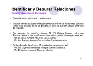 Identificar y Depurar Relaciones
Reducir Relaciones Ternarias

Son relaciones entre tres o más clases
                                clases.

Muchas veces es posible descomponerlas en varias relaciones binarias
(entre dos clases); si no es posible sí que se pueden utilizar atributos
                             posible,
de relación.

Por ejemplo la relación número 12 (El Cajero humano introduce
    ejemplo,
Transacciones sobre las Cuentas bancarias) puede descomponerse en:
 12a. El Cajero humano introduce Transacciones
 12b.
 12b Las Transacciones actúan sobre las Cuentas bancarias
                                                bancarias.

De igual modo, la número 17 puede descomponerse así:
 17a.
 17a Los Cajeros automáticos entregan Dinero en efectivo
                                                efectivo.
 17b. El Usuario recoge el Dinero en efectivo.



                                                                    28
 