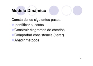 Modelo Dinámico

Consta de los siguientes pasos:
 Identificar sucesos
 Construir diagramas de estados
 Comprobar consistencia (iterar)
 Añadir métodos




                                   41
 
