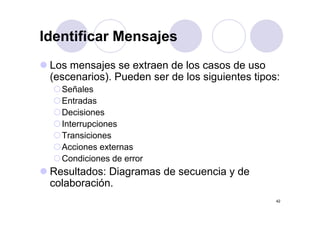 Identificar Mensajes
 Los
 L mensajes se extraen d l casos d uso
           j        t     de los       de
 (escenarios). Pueden ser de los siguientes tipos:
   Señales
   S ñ l
   Entradas
   Decisiones
   Interrupciones
   Transiciones
   Acciones externas
   Condiciones de error
 Resultados: Diagramas de secuencia y de
 colaboración.
                                                 42
 