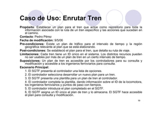 Caso de Uso: Enrutar Tren
Propósito: Establecer un plan para el tren que actúe como repositorio para toda la
   información asociada con la ruta de un tren específico y las acciones que sucedan en
   el camino.
Contacto: Pedro Pérez
Fecha de modificación: 9/5/06
Pre-condiciones:
Pre condiciones: Existe un plan de tráfico para el intervalo de tiempo y la región
   geográfica relevante al plan que se está elaborando.
Post-condiciones: Se estableció el plan para el tren, que detalla su ruta de viaje.
Limitaciones: Cada tren tiene un ID único en el sistema. Los distintos recursos pueden
   no ser usables por más de un plan de tren en un cierto inter alo de tiempo
            sables               n                 n        intervalo    tiempo.
Suposiciones: Un plan de tren es accesible por los controladores para su consulta y
   modificación y accesible a los ingenieros ferroviarios para consulta.
Escenario Principal:
   1. El SGTF presenta al controlador una lista de opciones.
   2. El controlador selecciona desarrollar un nuevo plan para un tren.
   3. El SGTF presenta una plantilla para un plan de tren al controlador.
   4.
   4 El controlador completa la plantilla dando información sobre el ID de la locomotora
                                  plantilla,                                     locomotora,
   los ingenieros ferroviarios y puntos de paso con tiempos.
   5. El controlador introduce el plan completado en el SGTF.
   6. El SGTF asigna un ID único al plan de tren y lo almacena. El SGTF hace accesible
   el plan para consulta y modificación
                            modificación.
                                                                                        59
 