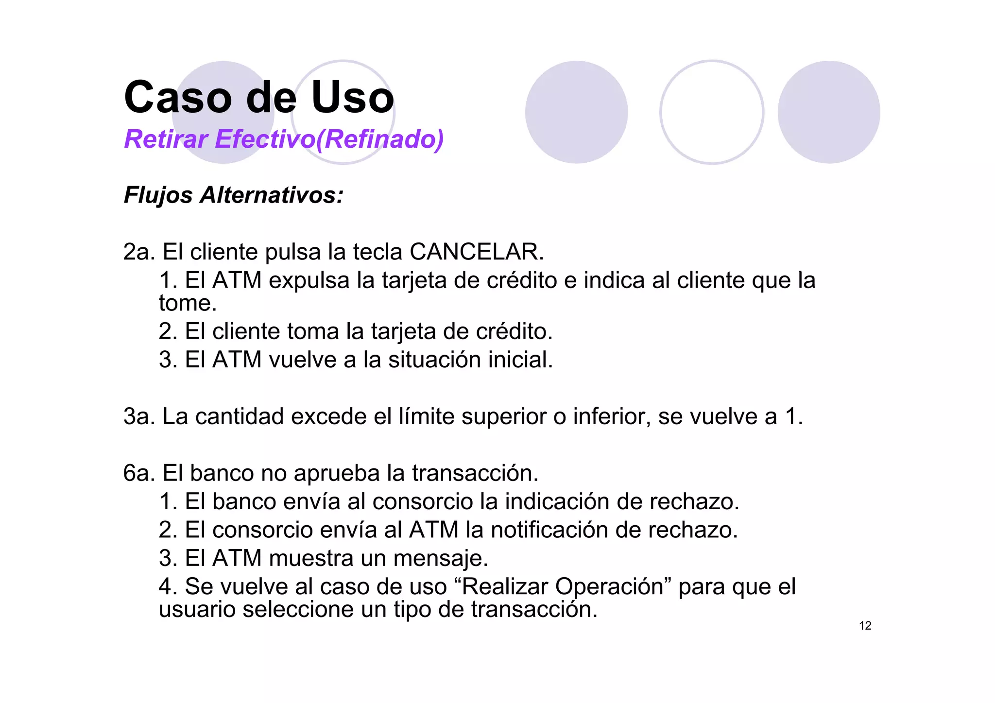 Caso de UsoCaso de Uso
Retirar Efectivo(Refinado)
Flujos Alternativos:Flujos Alternativos:
2a. El cliente pulsa la tecla CANCELAR.
1 El ATM l l t j t d édit i di l li t l1. El ATM expulsa la tarjeta de crédito e indica al cliente que la
tome.
2. El cliente toma la tarjeta de crédito.
3 El ATM l l it ió i i i l3. El ATM vuelve a la situación inicial.
3a. La cantidad excede el límite superior o inferior, se vuelve a 1.
6a. El banco no aprueba la transacción.
1. El banco envía al consorcio la indicación de rechazo.
2. El consorcio envía al ATM la notificación de rechazo.
3. El ATM muestra un mensaje.
4 Se vuelve al caso de uso “Realizar Operación” para que el
12
4. Se vuelve al caso de uso Realizar Operación para que el
usuario seleccione un tipo de transacción.
 