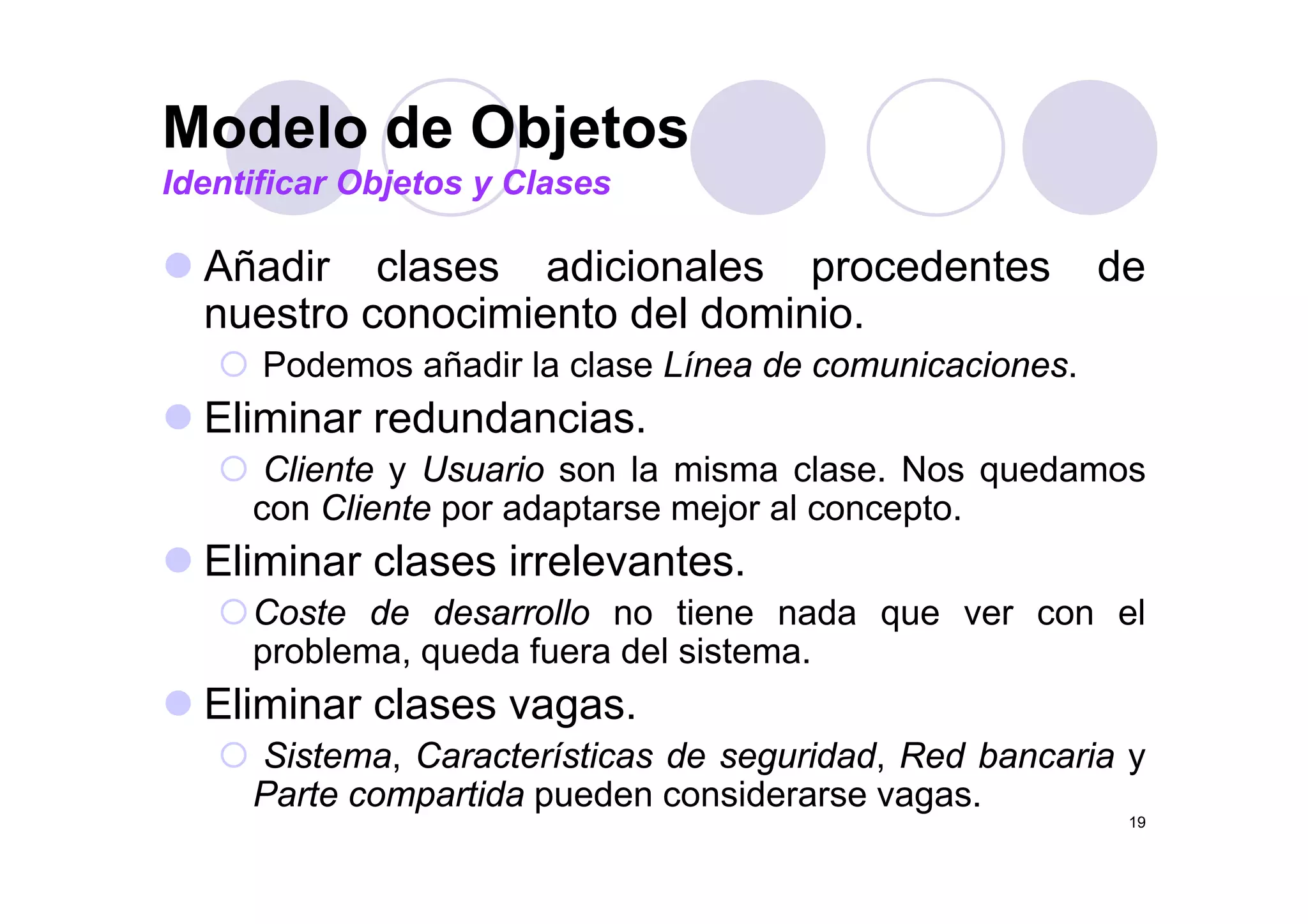 Modelo de Objetos
Añ di l di i l d t d
Modelo de Objetos
Identificar Objetos y Clases
Añadir clases adicionales procedentes de
nuestro conocimiento del dominio.
P d ñ di l l Lí d i iPodemos añadir la clase Línea de comunicaciones.
Eliminar redundancias.
Cli t U i l i l N dCliente y Usuario son la misma clase. Nos quedamos
con Cliente por adaptarse mejor al concepto.
Eliminar clases irrelevantesEliminar clases irrelevantes.
Coste de desarrollo no tiene nada que ver con el
problema, queda fuera del sistema.
Eliminar clases vagas.
Sistema, Características de seguridad, Red bancaria y
19
Parte compartida pueden considerarse vagas.
 