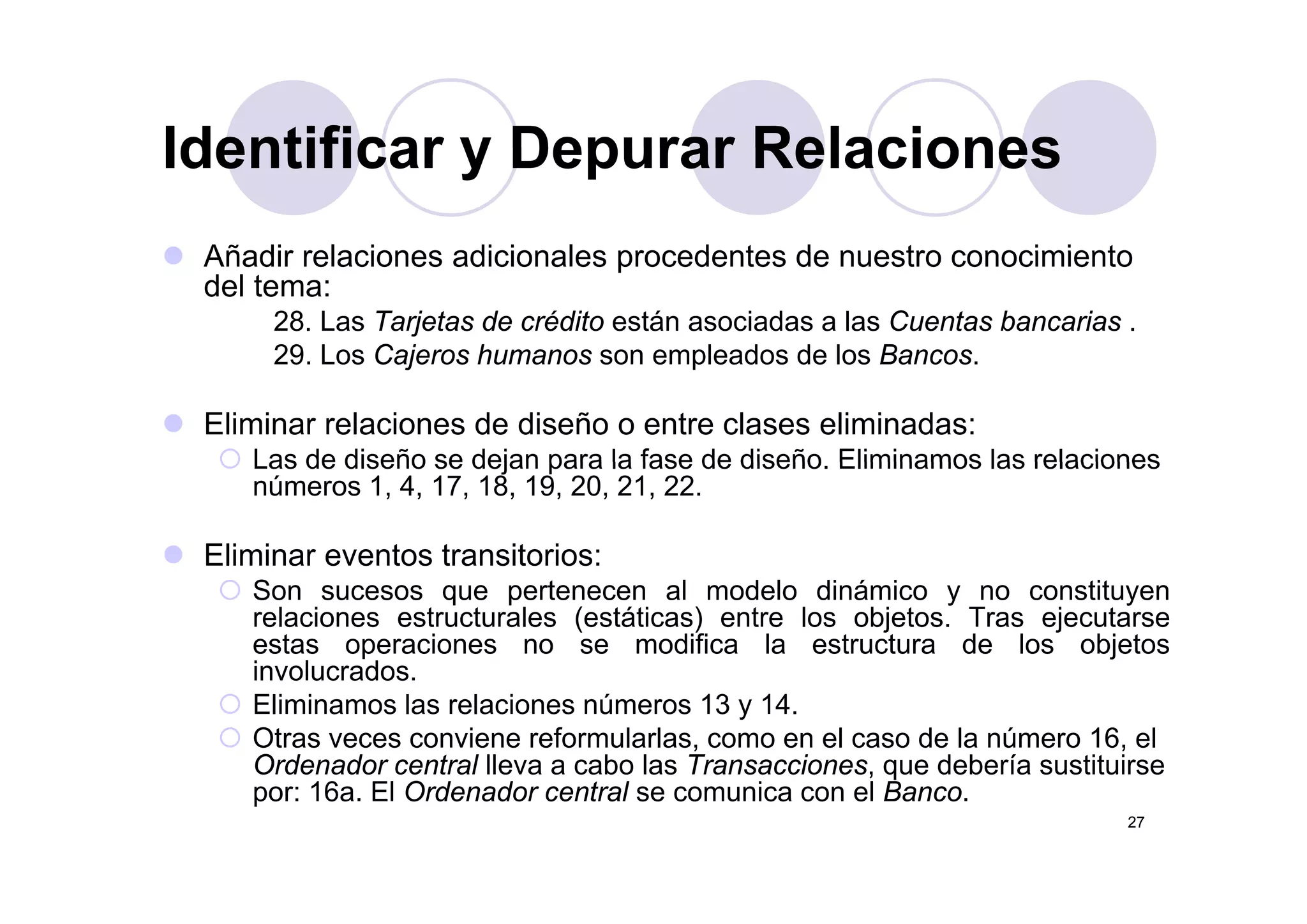 Identificar y Depurar Relaciones
Añadir relaciones adicionales procedentes de nuestro conocimiento
Identificar y Depurar Relaciones
Añadir relaciones adicionales procedentes de nuestro conocimiento
del tema:
28. Las Tarjetas de crédito están asociadas a las Cuentas bancarias .
29 Los Cajeros humanos son empleados de los Bancos29. Los Cajeros humanos son empleados de los Bancos.
Eliminar relaciones de diseño o entre clases eliminadas:
Las de diseño se dejan para la fase de diseño Eliminamos las relacionesLas de diseño se dejan para la fase de diseño. Eliminamos las relaciones
números 1, 4, 17, 18, 19, 20, 21, 22.
Eliminar eventos transitorios:
Son sucesos que pertenecen al modelo dinámico y no constituyen
relaciones estructurales (estáticas) entre los objetos. Tras ejecutarse
estas operaciones no se modifica la estructura de los objetos
involucradosinvolucrados.
Eliminamos las relaciones números 13 y 14.
Otras veces conviene reformularlas, como en el caso de la número 16, el
Ordenador central lleva a cabo las Transacciones, que debería sustituirse
27
, q
por: 16a. El Ordenador central se comunica con el Banco.
 