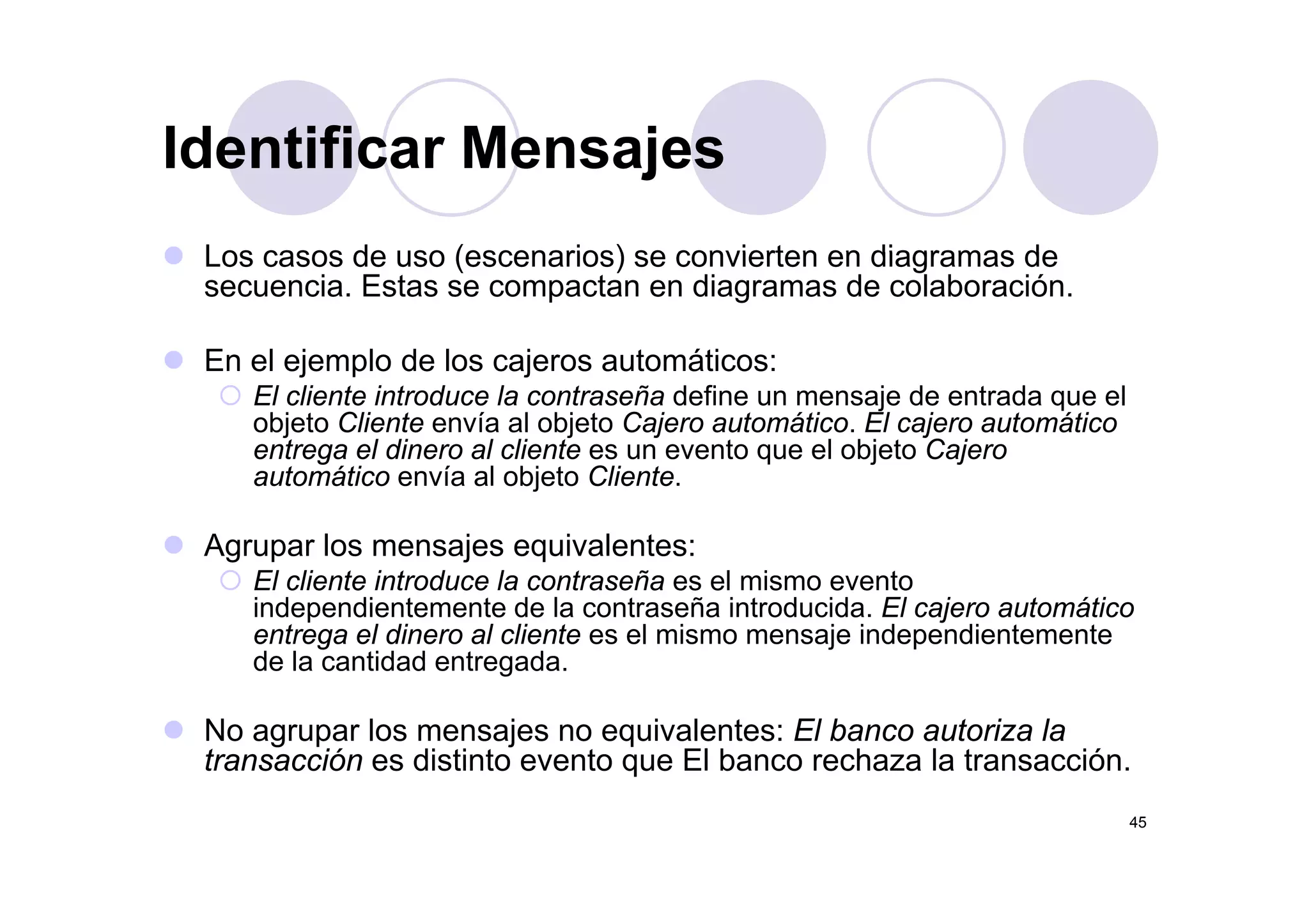 Identificar Mensajes
Los casos de uso (escenarios) se convierten en diagramas de
Identificar Mensajes
Los casos de uso (escenarios) se convierten en diagramas de
secuencia. Estas se compactan en diagramas de colaboración.
En el ejemplo de los cajeros automáticos:En el ejemplo de los cajeros automáticos:
El cliente introduce la contraseña define un mensaje de entrada que el
objeto Cliente envía al objeto Cajero automático. El cajero automático
entrega el dinero al cliente es un evento que el objeto Cajerog q j j
automático envía al objeto Cliente.
Agrupar los mensajes equivalentes:
El cliente introduce la contraseña es el mismo evento
independientemente de la contraseña introducida. El cajero automático
entrega el dinero al cliente es el mismo mensaje independientemente
de la cantidad entregada.g
No agrupar los mensajes no equivalentes: El banco autoriza la
transacción es distinto evento que El banco rechaza la transacción.
45
q
 
