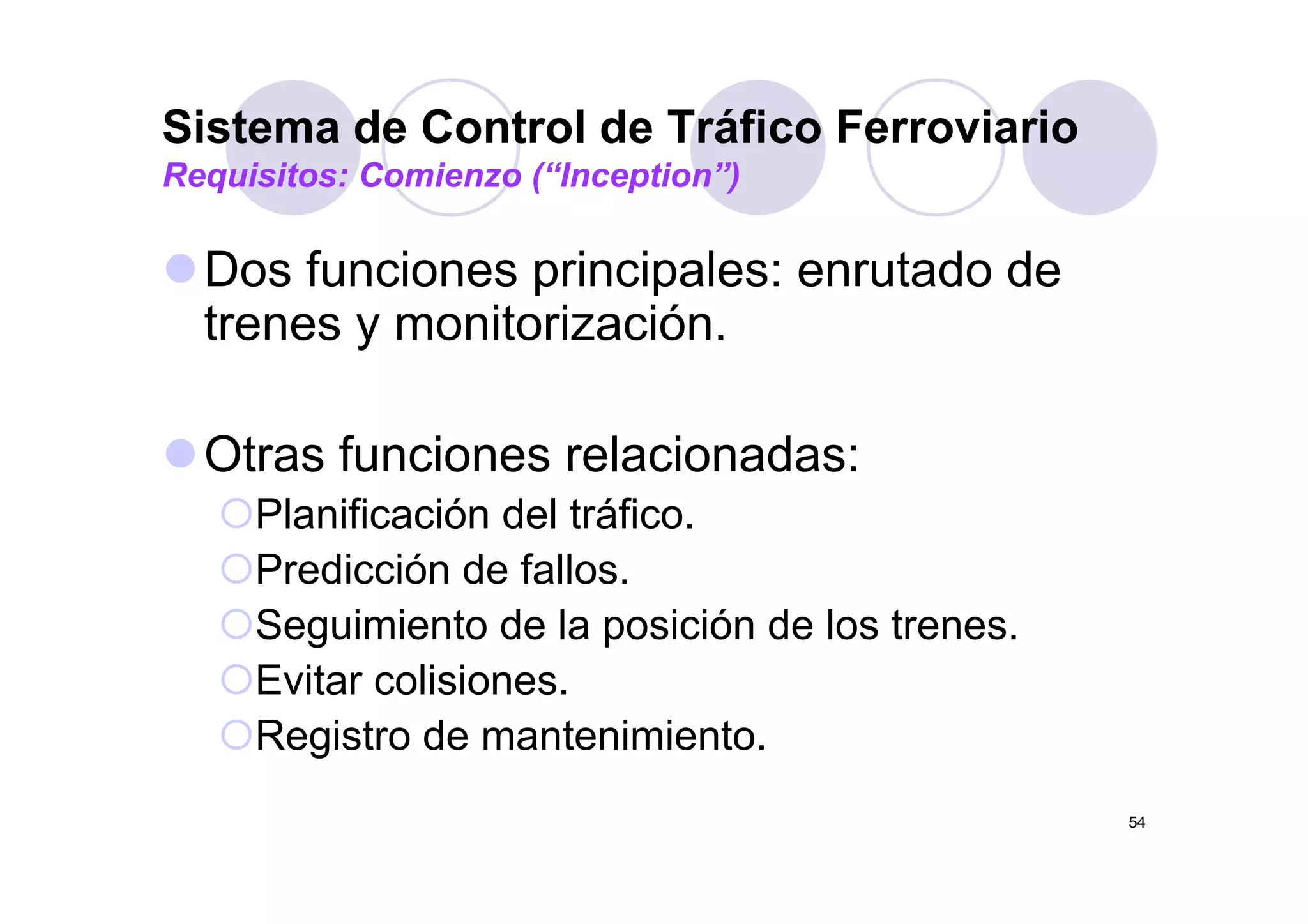 Sistema de Control de Tráfico Ferroviario
D f i i i l t d d
Requisitos: Comienzo (“Inception”)
Dos funciones principales: enrutado de
trenes y monitorización.
Otras funciones relacionadas:Otras funciones relacionadas:
Planificación del tráfico.
Predicción de fallosPredicción de fallos.
Seguimiento de la posición de los trenes.
E it li iEvitar colisiones.
Registro de mantenimiento.
54
 