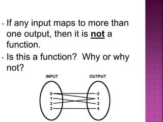 • If any input maps to more than
one output, then it is not a
function.
• Is this a function? Why or why
not?
 
