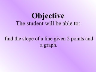 Objective The student will be able to: find the slope of a line given 2 points and a graph. 