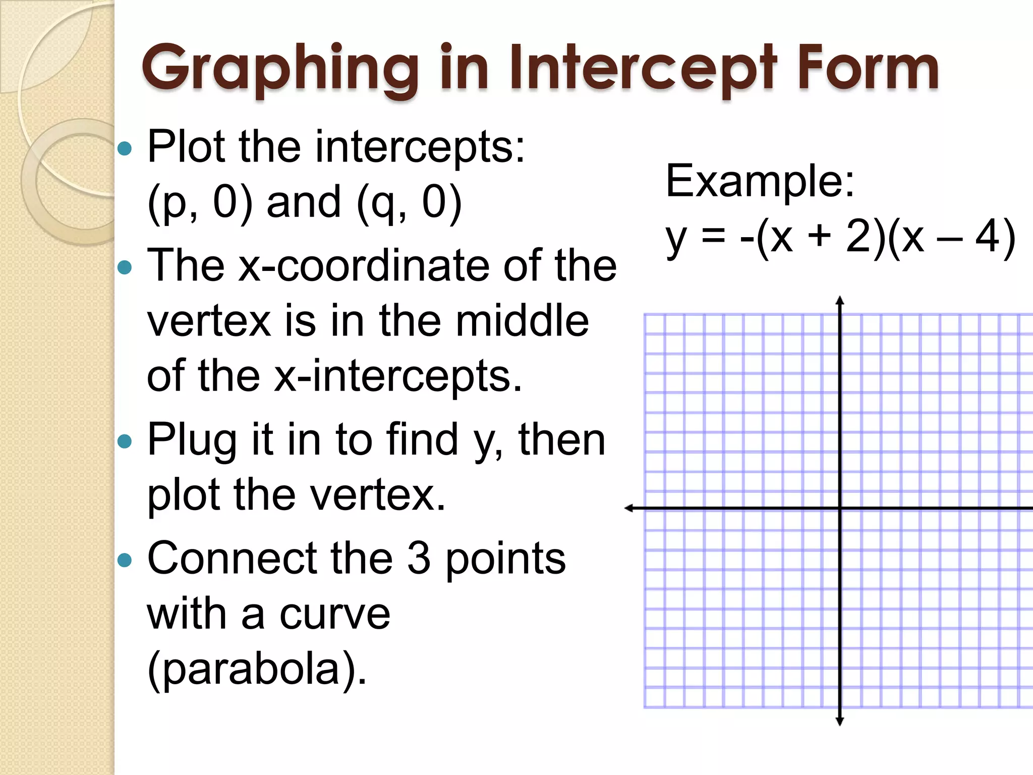 Graphing in Intercept Form
 Plot the intercepts:
  (p, 0) and (q, 0)            Example:
                               y = -(x + 2)(x – 4)
 The x-coordinate of the
  vertex is in the middle
  of the x-intercepts.
 Plug it in to find y, then
  plot the vertex.
 Connect the 3 points
  with a curve
  (parabola).
 
