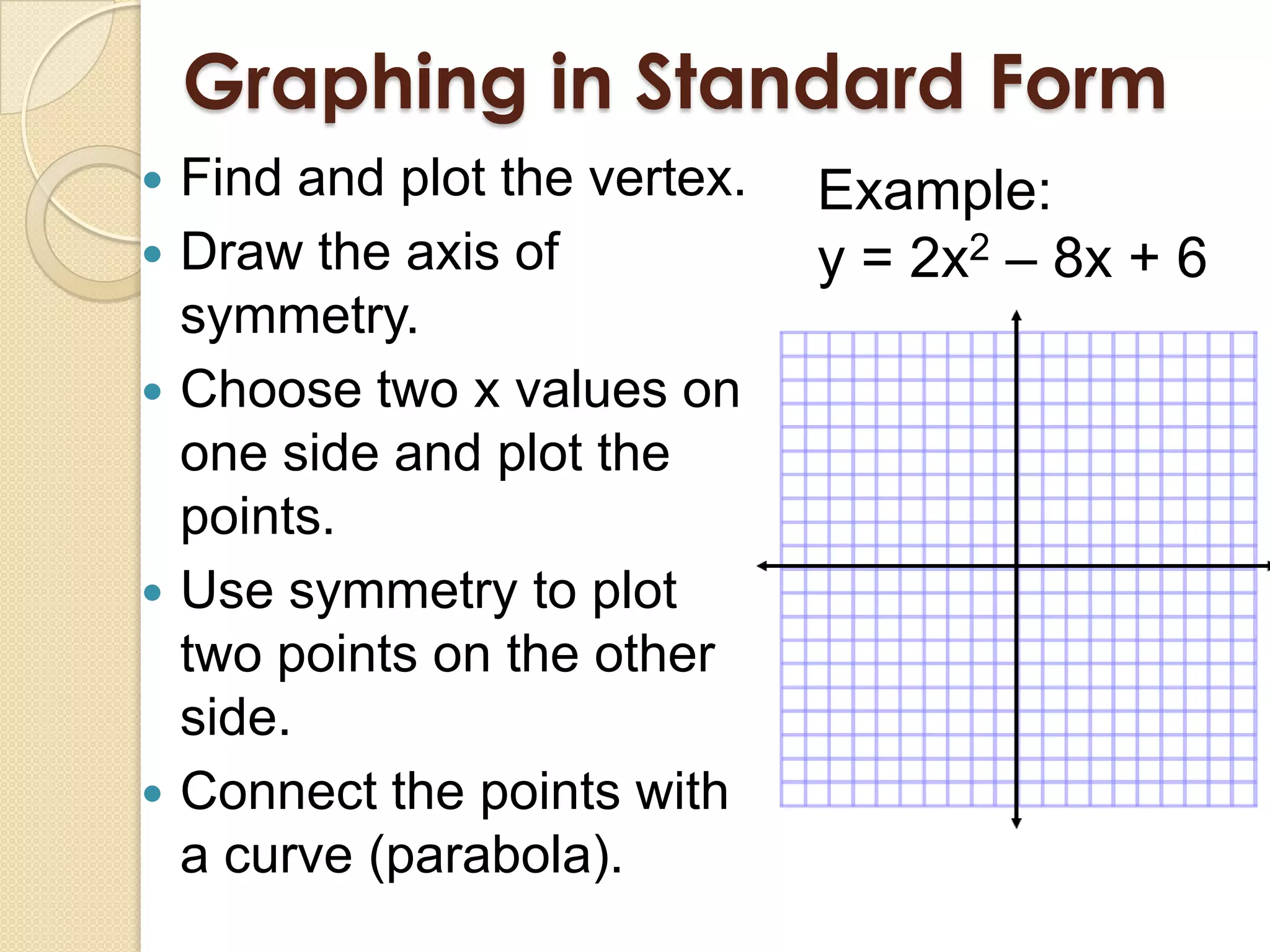 Graphing in Standard Form
   Find and plot the vertex.   Example:
   Draw the axis of            y = 2x2 – 8x + 6
    symmetry.
   Choose two x values on
    one side and plot the
    points.
   Use symmetry to plot
    two points on the other
    side.
   Connect the points with
    a curve (parabola).
 