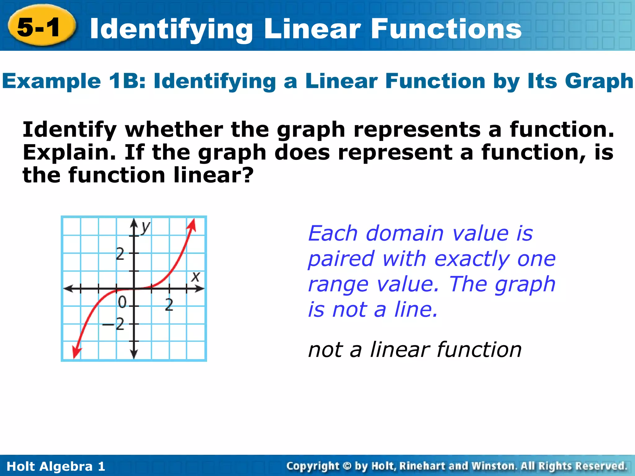 Example 1B: Identifying a Linear Function by Its Graph Identify whether the graph represents a function. Explain. If the graph does represent a function, is the function linear?  Each domain value is paired with exactly one range value. The graph is not a line. not a linear function 