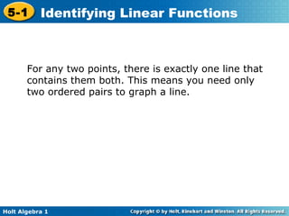 For any two points, there is exactly one line that contains them both. This means you need only two ordered pairs to graph a line.  