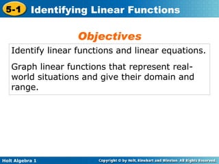 Identify linear functions and linear equations. Graph linear functions that represent real-world situations and give their domain and range. Objectives 