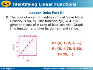 Lesson Quiz: Part III 5.  The cost of a can of iced-tea mix at Save More Grocery is $4.75. The function  f ( x ) = 4.75 x  gives the cost of  x  cans of iced-tea mix. Graph this function and give its domain and range. D: {0, 1, 2, 3, …} R: {0, 4.75, 9.50, 14.25,…} 