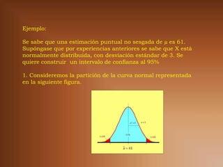 Ejemplo:

Se sabe que una estimación puntual no sesgada de µ es 61.
Supóngase que por experiencias anteriores se sabe que X está
normalmente distribuida, con desviación estándar de 3. Se
quiere construir un intervalo de confianza al 95%

1. Consideremos la partición de la curva normal representada
en la siguiente figura.
 