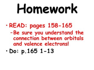 Homework
• READ: pages 158-165
–Be sure you understand the
connection between orbitals
and valence electrons!
• Do: p.165 1-13
 
