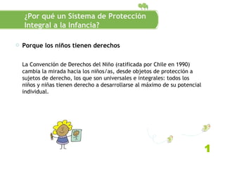Porque los niños tienen derechos La Convención de Derechos del Niño (ratificada por Chile en 1990) cambia la mirada hacia los niños/as, desde objetos de protección a sujetos de derecho, los que son universales e integrales: todos los niños y niñas tienen derecho a desarrollarse al máximo de su potencial individual. 1 ¿Por qué un Sistema de Protección Integral a la Infancia? 
