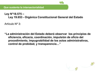 Ley N°18.575 – Ley 19.653 - Orgánica Constitucional General del Estado Artículo Nº 3: “ La administración del Estado deberá observar  los principios de eficiencia, eficacia, coordinación, impulsión de oficio del procedimiento, impugnabilidad de los actos administrativos, control de probidad, y transparencia…” Que sustenta la intersectorialidad 