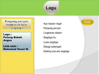 Ayo kawan ingat
Lagu
Panjang jari-jari
Lingkaran dalam
Segitiga itu
Luas segitiga
Dibagi setengah
Keliling sisi-sisi segitiga
Lagu :
Potong Bebek
Angsa
Lirik oleh :
Muhamad Husni M.
Mulai
 