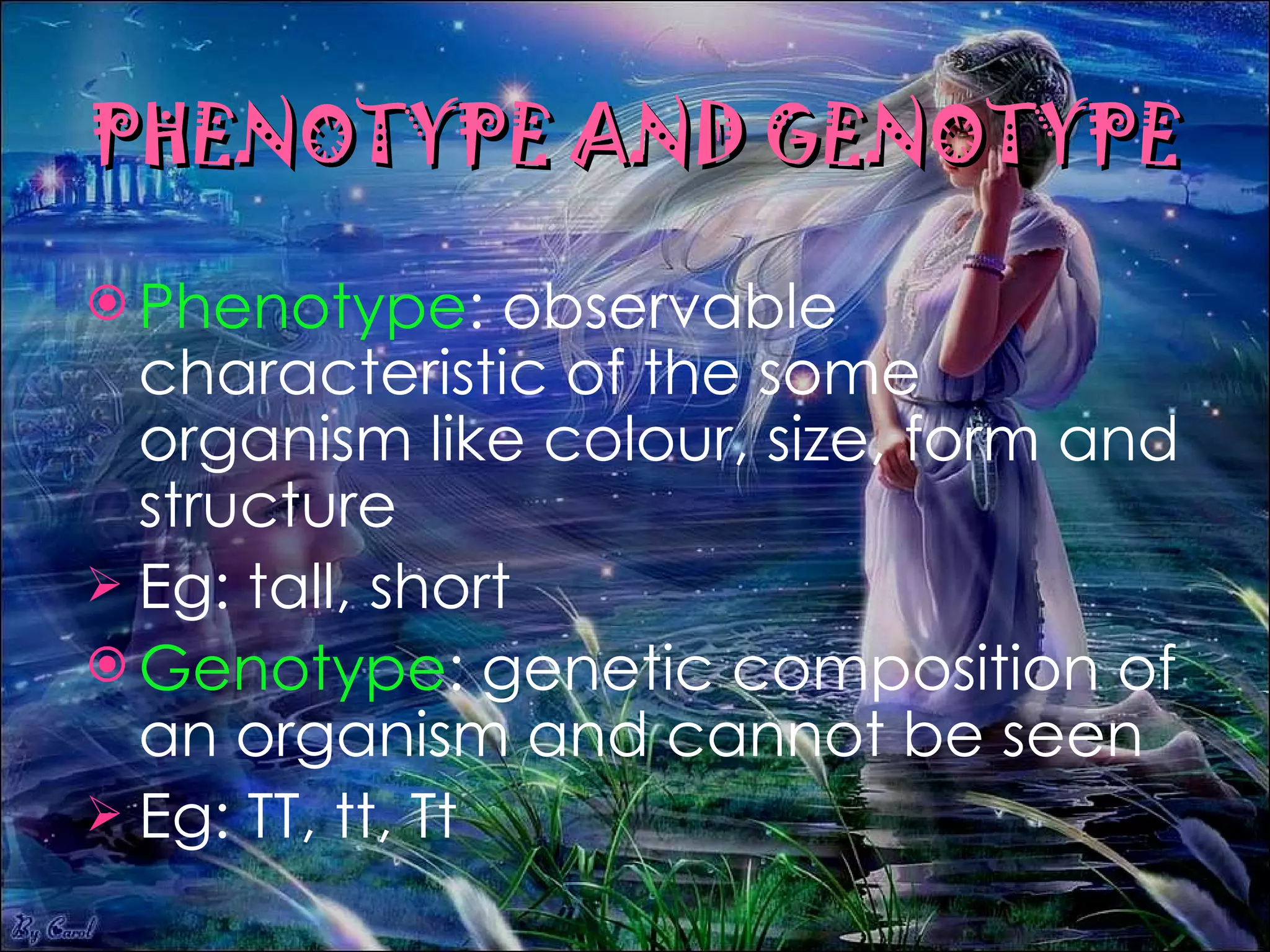 PHENOTYPE AND GENOTYPE Phenotype : observable characteristic of the some organism like colour, size, form and structure Eg: tall, short Genotype : genetic composition of an organism and cannot be seen Eg: TT, tt, Tt 