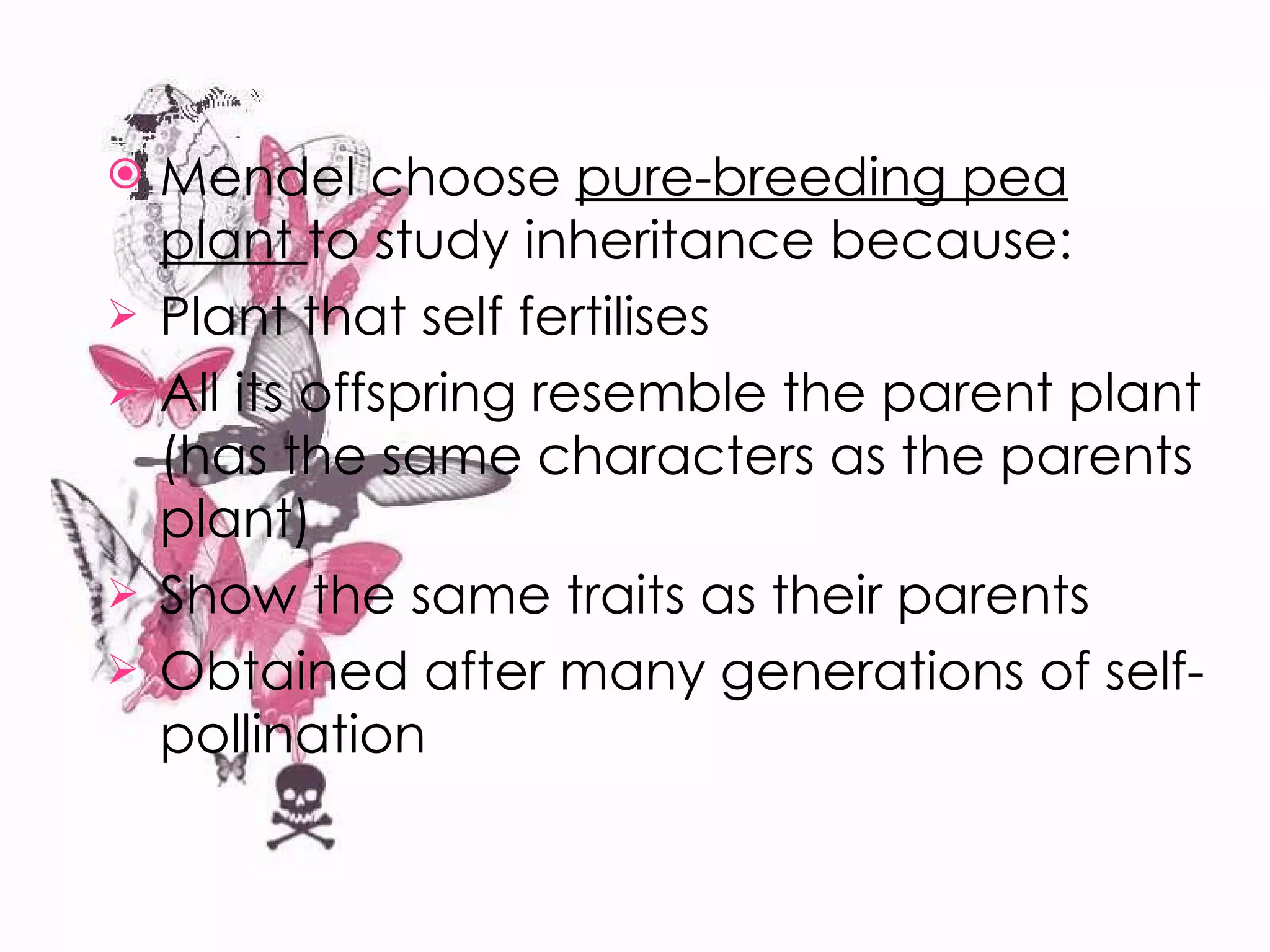 Mendel choose  pure-breeding pea plant  to study inheritance because: Plant that self fertilises All its offspring resemble the parent plant (has the same characters as the parents plant) Show the same traits as their parents Obtained after many generations of self-pollination 