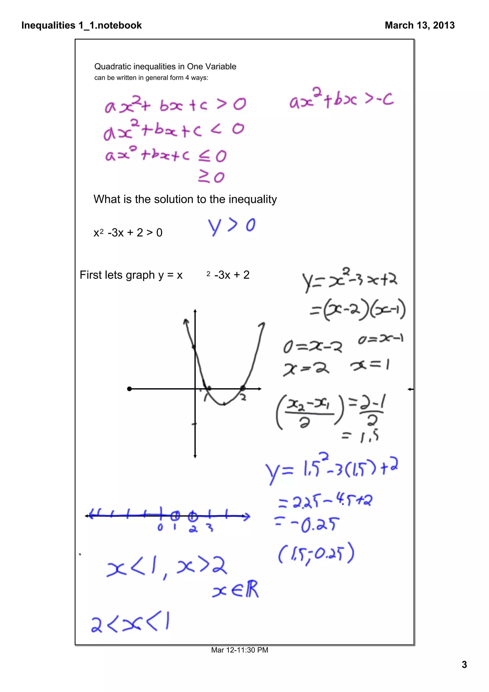Inequalities 1_1.notebook                                                     March 13, 2013



               Quadratic inequalities in One Variable                      
               can be written in general form 4 ways:




              What is the solution to the inequality 

              x 2  ­3x + 2 > 0


            First lets graph y = x                  2    ­3x + 2 




                                                        Mar 12­11:30 PM

                                                                                               3
 