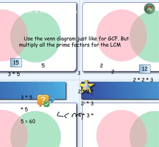 Use a venn diagram. 3 * 5 2 * 2 * 3 5 2 3 2 Use the venn diagram just like for GCF. But multiply all the prime factors for the LCM 12 15 2 * 2 * 3 * 5      2 2  * 3 * 5   4 * 3 * 5 = 60 