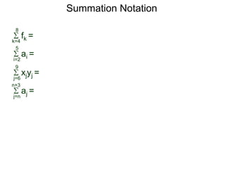 fk =k=4
8
ai =
i=2
5
xjyj =
j=6
9
aj =
j=n
n+3
Summation Notation
 